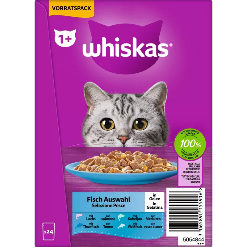 Whiskas Natvoer kat visselectie in gelei, Adult 1+ Multipack (24x85 g), 2.04 kg