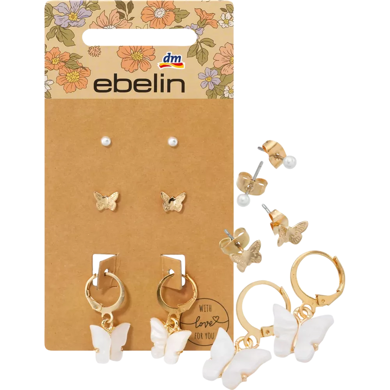 ebelin Combinaison de clous d'oreilles aspect doré avec papillons, 6 pièces.